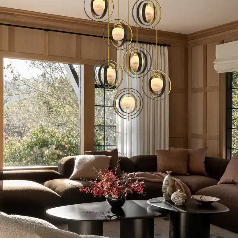White Alabaster Round Ceiling Pendant Lamp - Gold & Bronze Rotatable Ring - Blushlighting