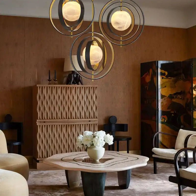 White Alabaster Round Ceiling Pendant Lamp - Gold & Bronze Rotatable Ring - Blushlighting