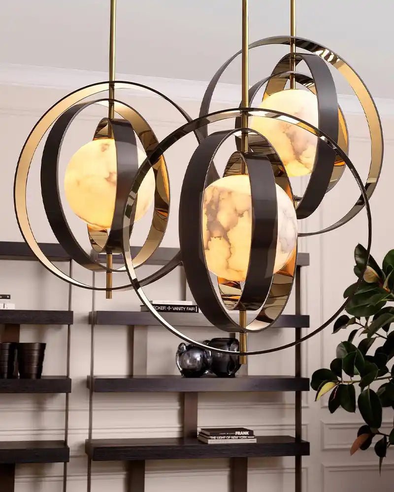 White Alabaster Round Ceiling Pendant Lamp - Gold & Bronze Rotatable Ring - Blushlighting