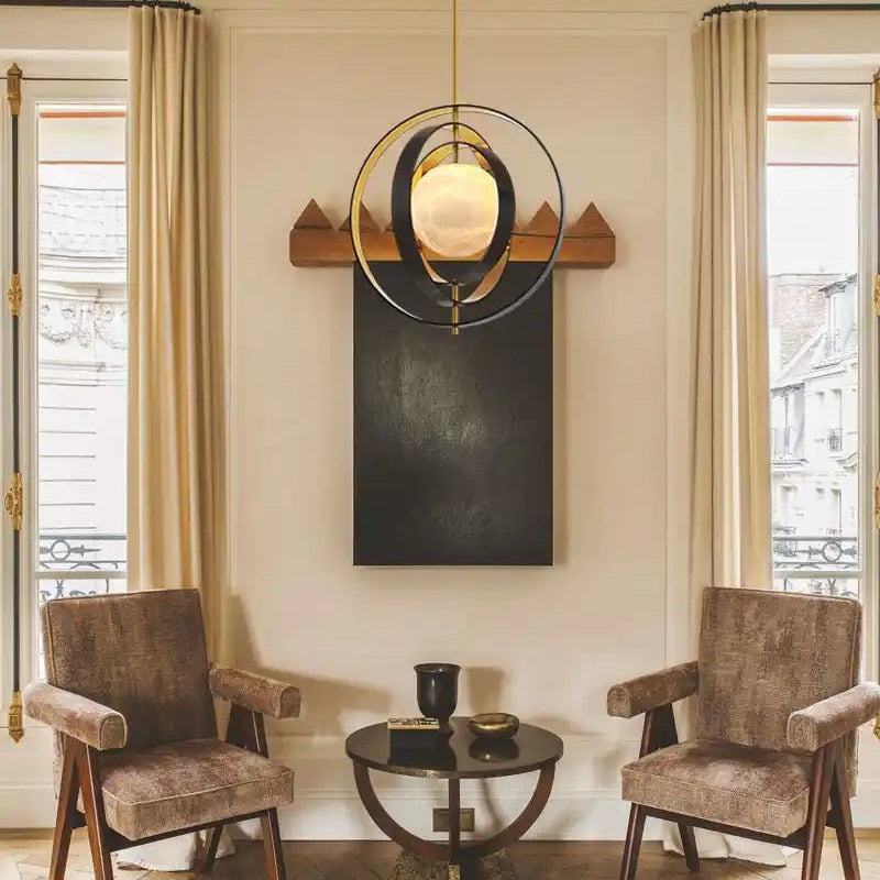 White Alabaster Round Ceiling Pendant Lamp - Gold & Bronze Rotatable Ring - Blushlighting