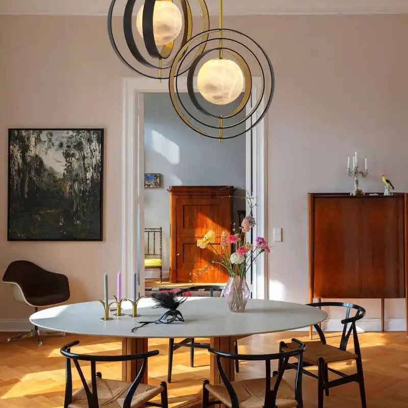 White Alabaster Round Ceiling Pendant Lamp - Gold & Bronze Rotatable Ring - Blushlighting