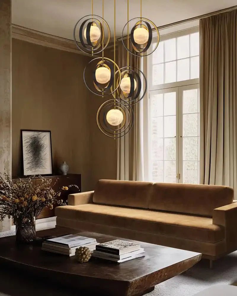 White Alabaster Round Ceiling Pendant Lamp - Gold & Bronze Rotatable Ring - 7 light - L70*W57*H71CM/L28"*W23"*H28" - SquareBlushlighting