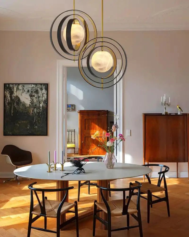 White Alabaster Round Ceiling Pendant Lamp - Gold & Bronze Rotatable Ring - 7 light - L70*W57*H71CM/L28"*W23"*H28" - SquareBlushlighting