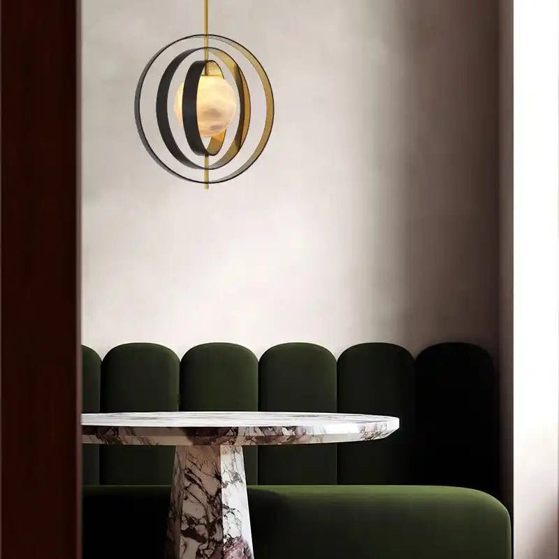 White Alabaster Round Ceiling Pendant Lamp - Gold & Bronze Rotatable Ring - Blushlighting