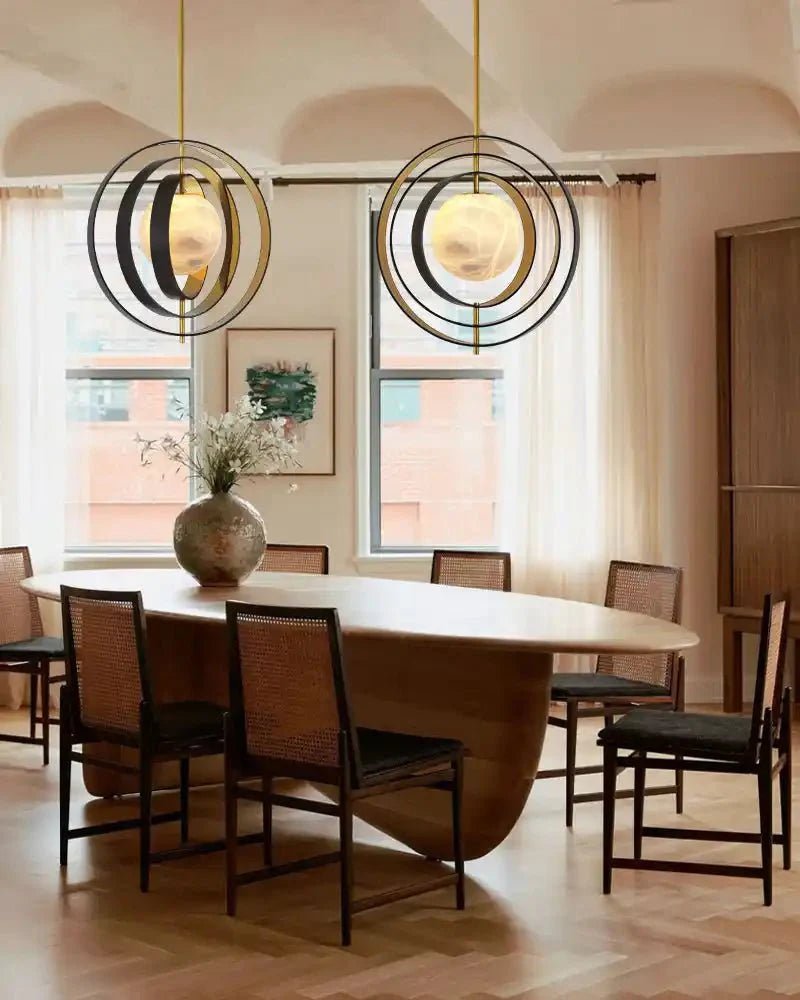 White Alabaster Round Ceiling Pendant Lamp - Gold & Bronze Rotatable Ring - 7 light - L70*W57*H71CM/L28"*W23"*H28" - SquareBlushlighting