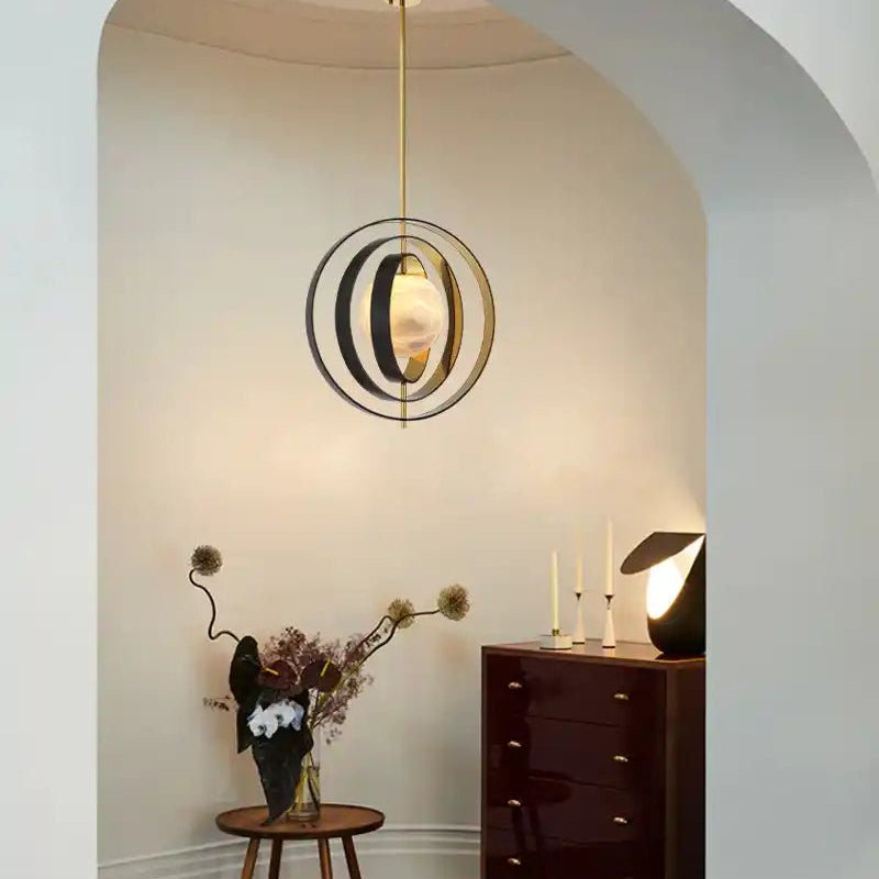 White Alabaster Round Ceiling Pendant Lamp - Gold & Bronze Rotatable Ring - Blushlighting
