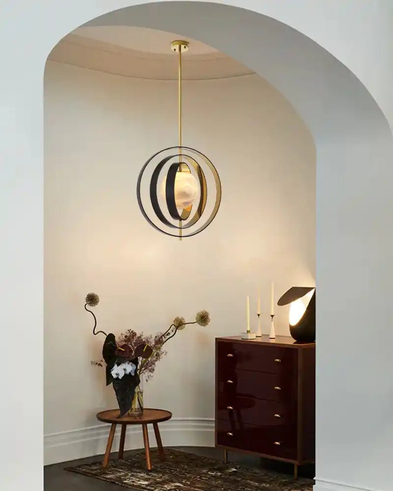 White Alabaster Round Ceiling Pendant Lamp - Gold & Bronze Rotatable Ring - Blushlighting
