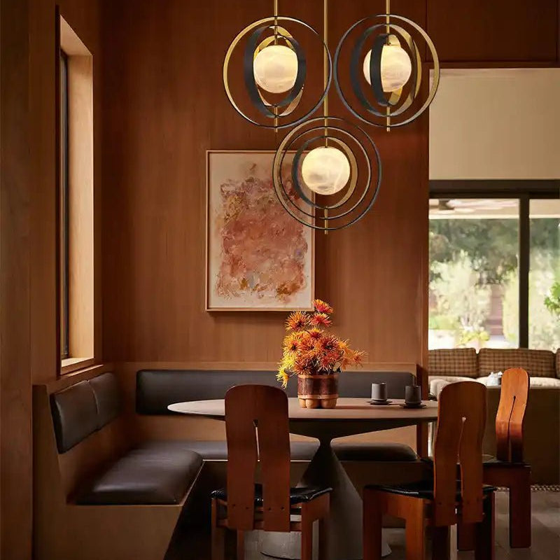 White Alabaster Round Ceiling Pendant Lamp - Gold & Bronze Rotatable Ring - Blushlighting