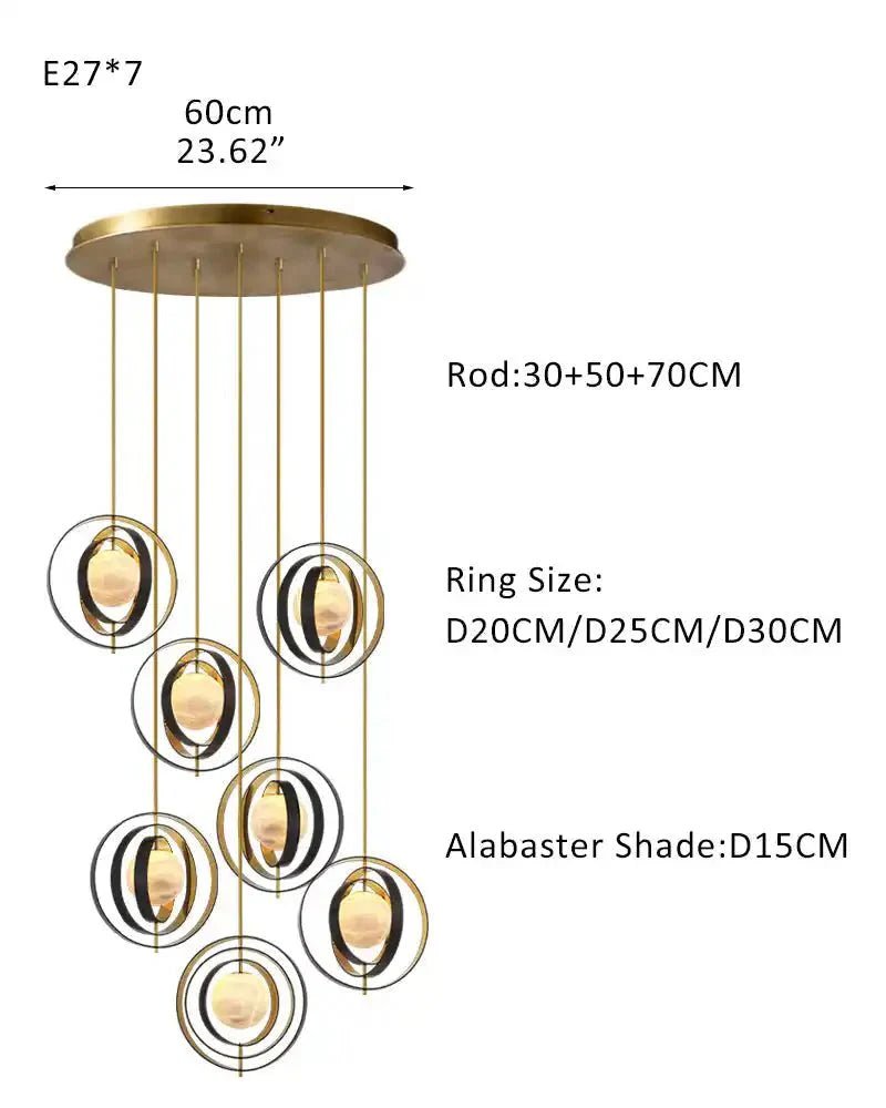 White Alabaster Round Ceiling Pendant Lamp - Gold & Bronze Rotatable Ring - 7 light - L70*W57*H71CM/L28"*W23"*H28" - RoundBlushlighting