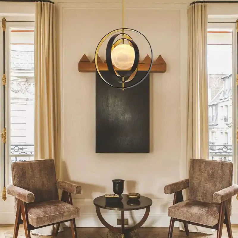 White Alabaster Round Ceiling Pendant Lamp - Gold & Bronze Rotatable Ring - Blushlighting