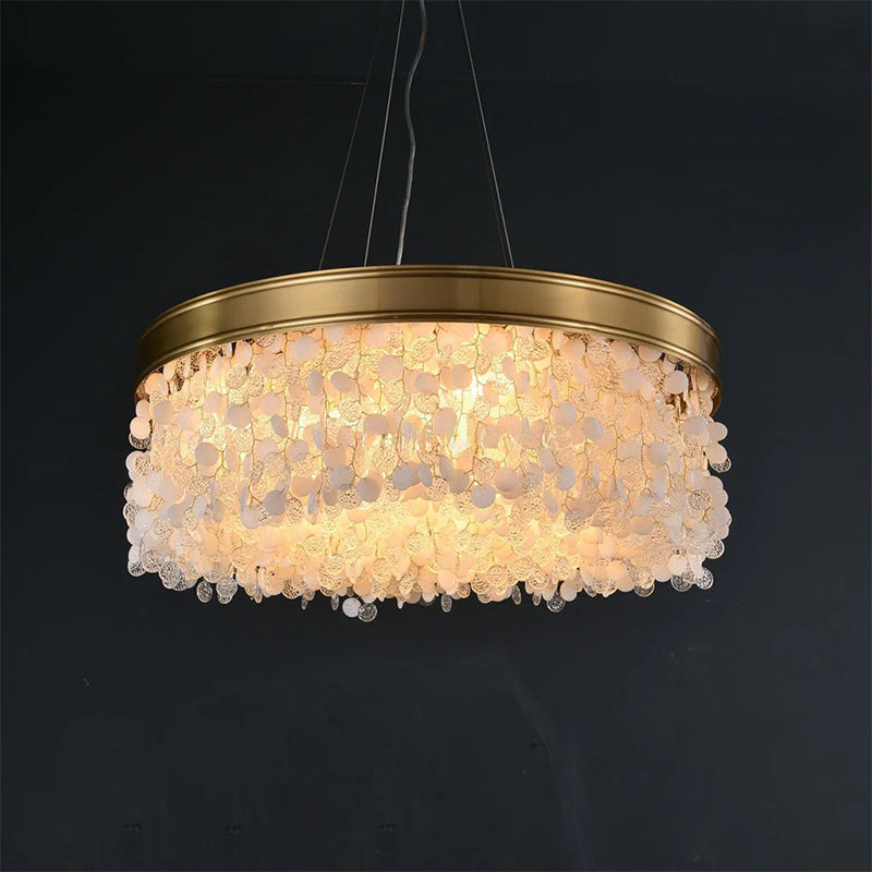 White Leaves Brass Framework Round Chandelier-
