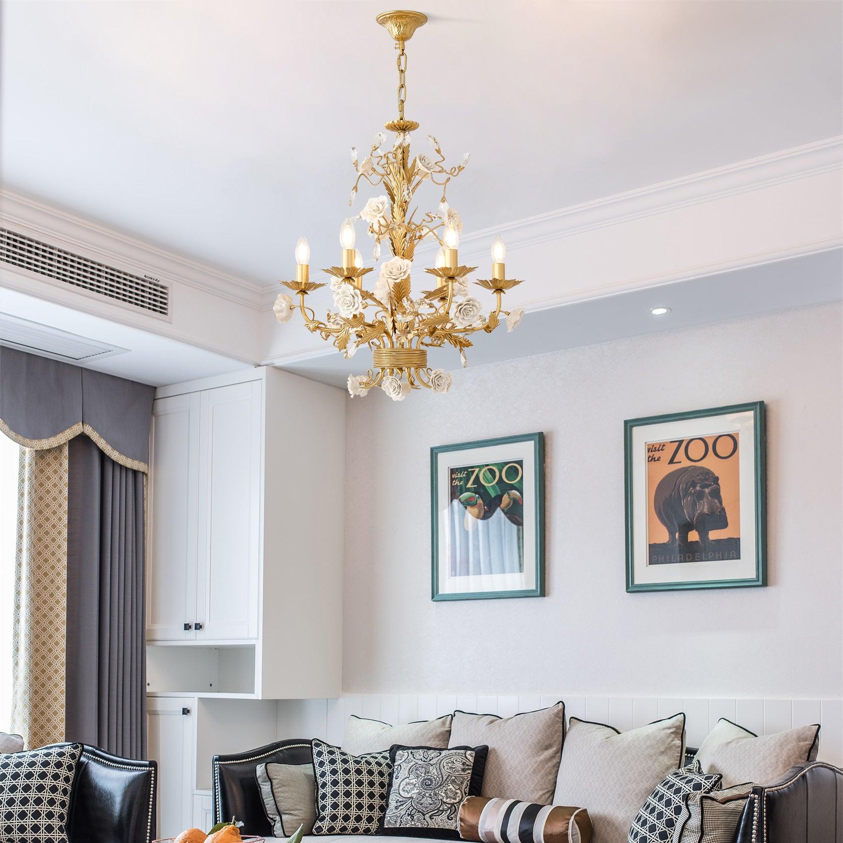 White Rose Crystal Chandelier - 6 lights ∅ 22.8″ x H 24.8″Gold & WhiteBlushlighting