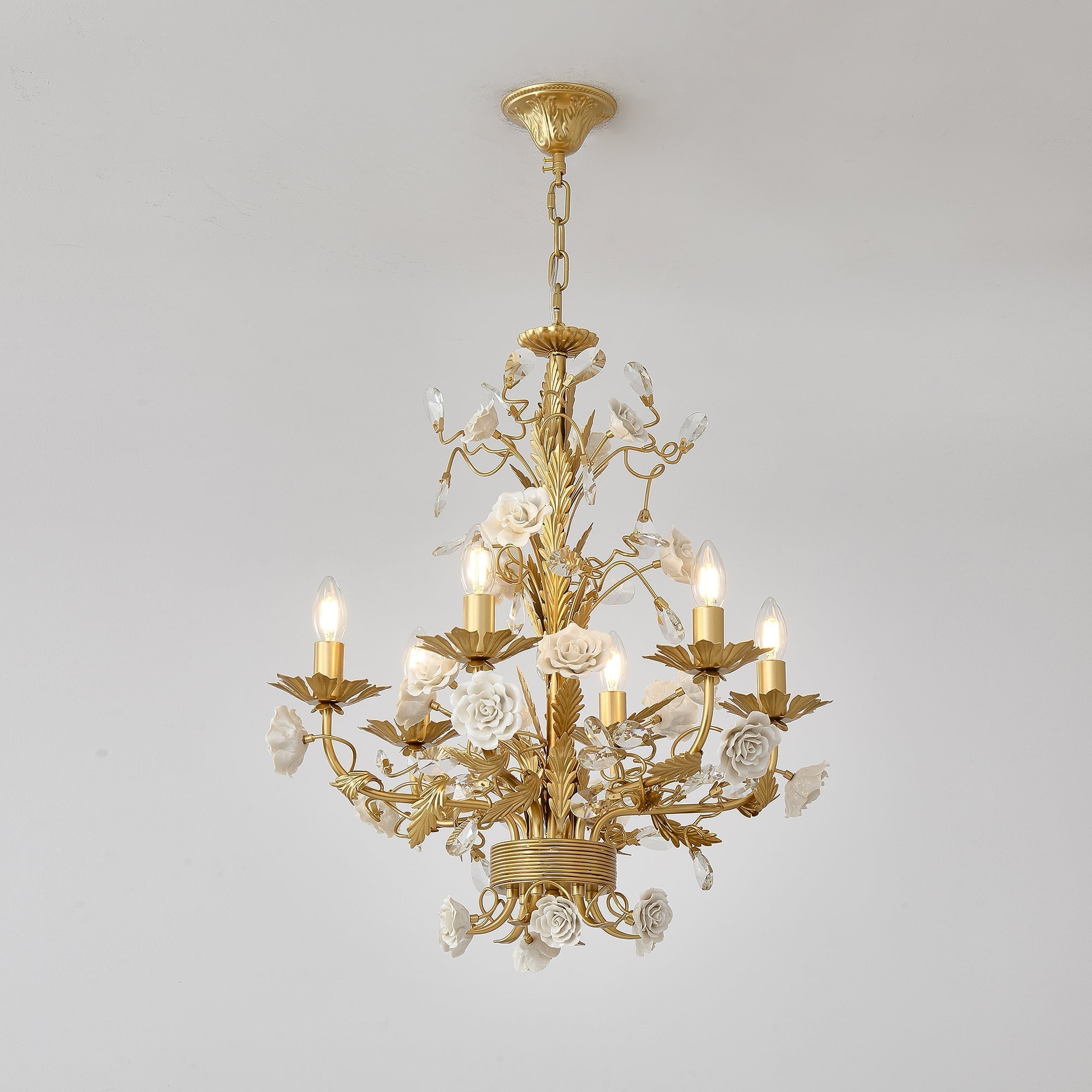 White Rose Crystal Chandelier - 6 lights ∅ 22.8″ x H 24.8″Gold & WhiteBlushlighting