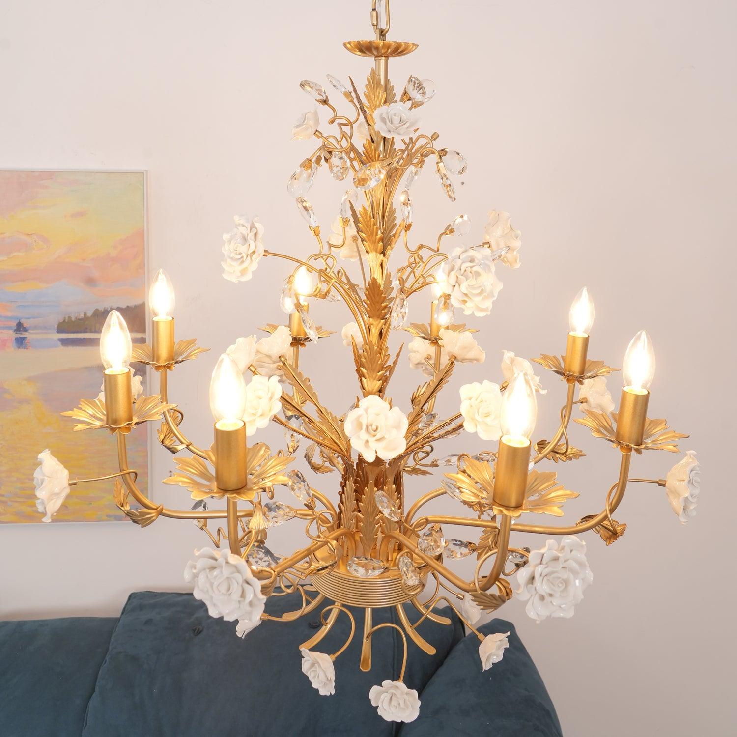 White Rose Crystal Chandelier - 6 lights ∅ 22.8″ x H 24.8″Gold & WhiteBlushlighting
