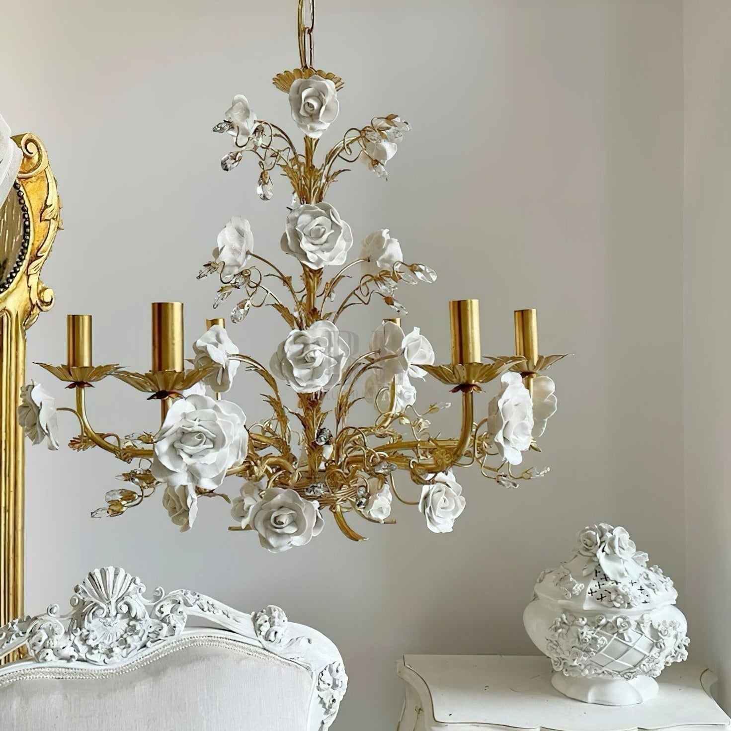 White Rose Crystal Chandelier - 6 lights ∅ 22.8″ x H 24.8″Gold & WhiteBlushlighting