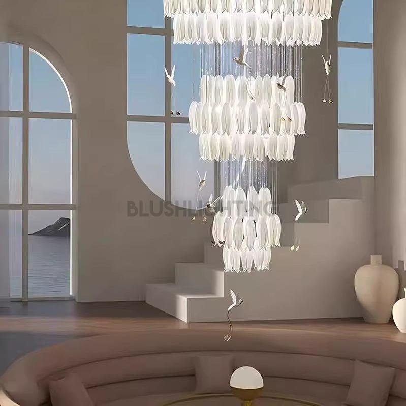 Yina White Ceramic Tulip Chandelier For Staircase-Chandeliers-Blushlighting-Blushlighting