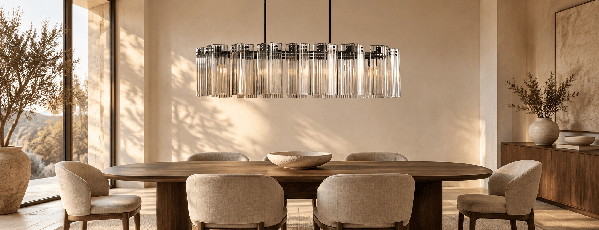 Clear reeded glass chandelier above a walnut dining table in a warm modern dining room