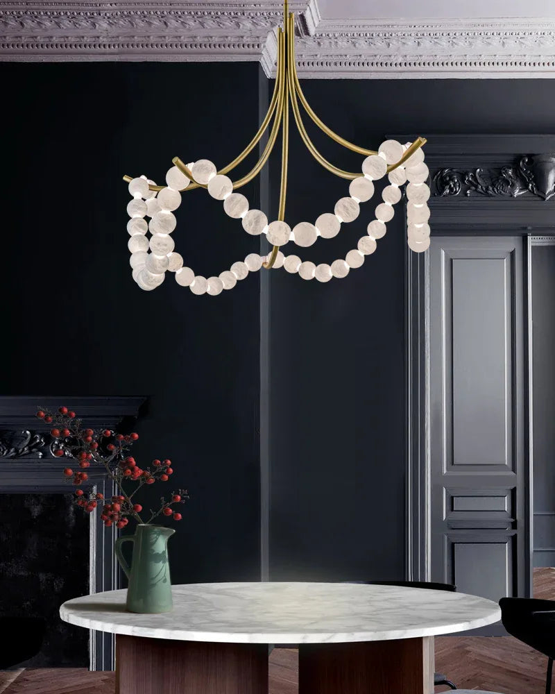Cluster String Alabaster Beads Semi Flush Chandelier in Brass & Black Metal Rod American chandelier