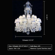 12Heads: D31.9"*H33.1" tiered, shaded, crystal, luxury, large, oversized, pendant, high-ceiling, staircase, duplex, villa