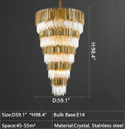 6Layer: D59.1"* H98.4"  crystal, stainless steel, extra large, tiered, luxury, pendant, gold, staircase, duplex, loft, hallway, entryway, villa, long, 