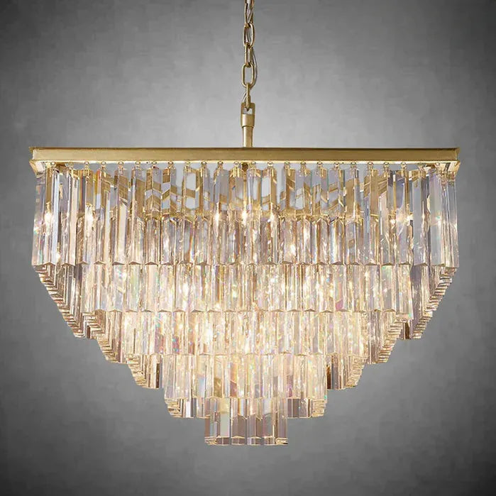 1920s Odaon Crystal Square Chandelier 22" 34" 47"-34''-Lacquered Burnished Brass-