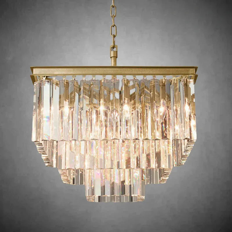 1920s Odaon Crystal Square Chandelier 22" 34" 47"-22''-Lacquered Burnished Brass-