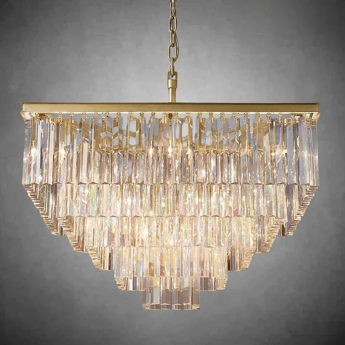 1920s Odaon Crystal Square Chandelier 22" 34" 47"-34''-Lacquered Burnished Brass-