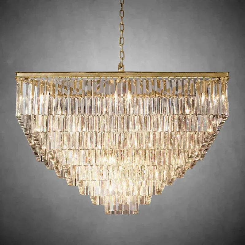 1920s Odaon Crystal Square Chandelier 22" 34" 47"-47''-Lacquered Burnished Brass-