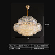 Round 11Heads: D23.6"*H20.5"  crystal, round, tiered, oval, facet, diamond, pendant, chandelier, living room, dining room, bedroom, 