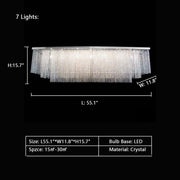 7Lights: L55.1"*W11.8"*H15.7"  rectangle, tiered, oversized, extra large, for large space, for long dining table, flush mount , chandelier, crystal