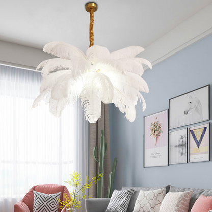 Art Deco CBUorized Feather Brass Branch Chandelier - Ineffable Lighting