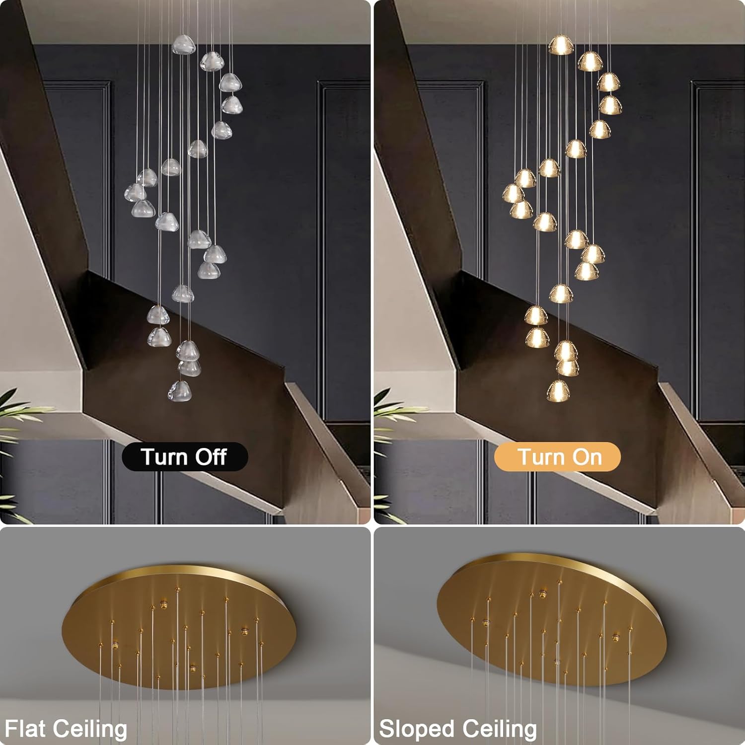 20-Light Gold Crystal Staircase Chandelier with Adjustable Height