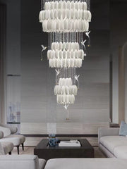 Ceramic White Tulip Tiered Pendant Chandelier Bird Accent Light Fixture for Bedroom/Living Room/Staircase