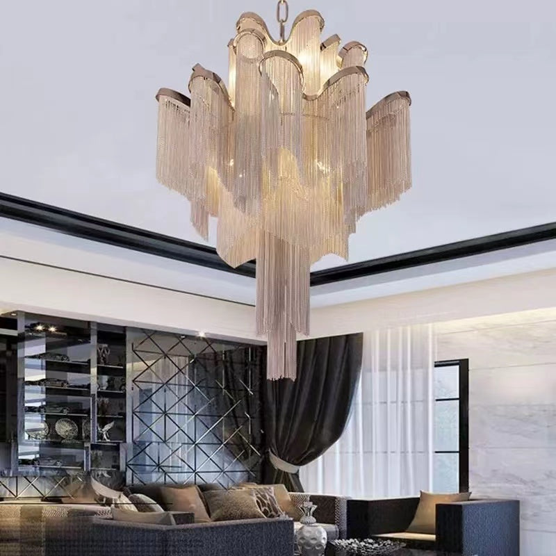 chandelier,chandeliers,large living room,staircase,villa,spiral staircase,pendant,post-modern,tassel chandeliers,silver,gBUd