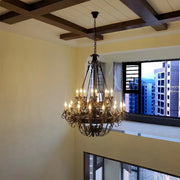 Oversized Wrought Iron Black Tiered Candle Pendant Chandelier for Staircase/High-ceiling Room