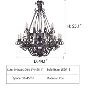 15Heads: D44.1"*H55.1"  extra large, wrought iron, black, tiered, candle, pendant, chandelier, staircase, large living room, villa, big hallway, duplex, cafes, coffee shops