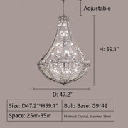 D47.2"*H59.1"  oversized, long, extra large, luxury, empire, chrome, crystal, chandelier, staircase, big hallway, high-ceiling space, large foyer, hotel lobby, villa, duplex, loft