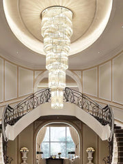 luxury, extra large, oversized,crystal, flush mount chandeliers, high-ceiling space,staircase, grand living room, duplex, luxurious 2-floor loft, entryway, deluxe, foyer and hotel lobby.