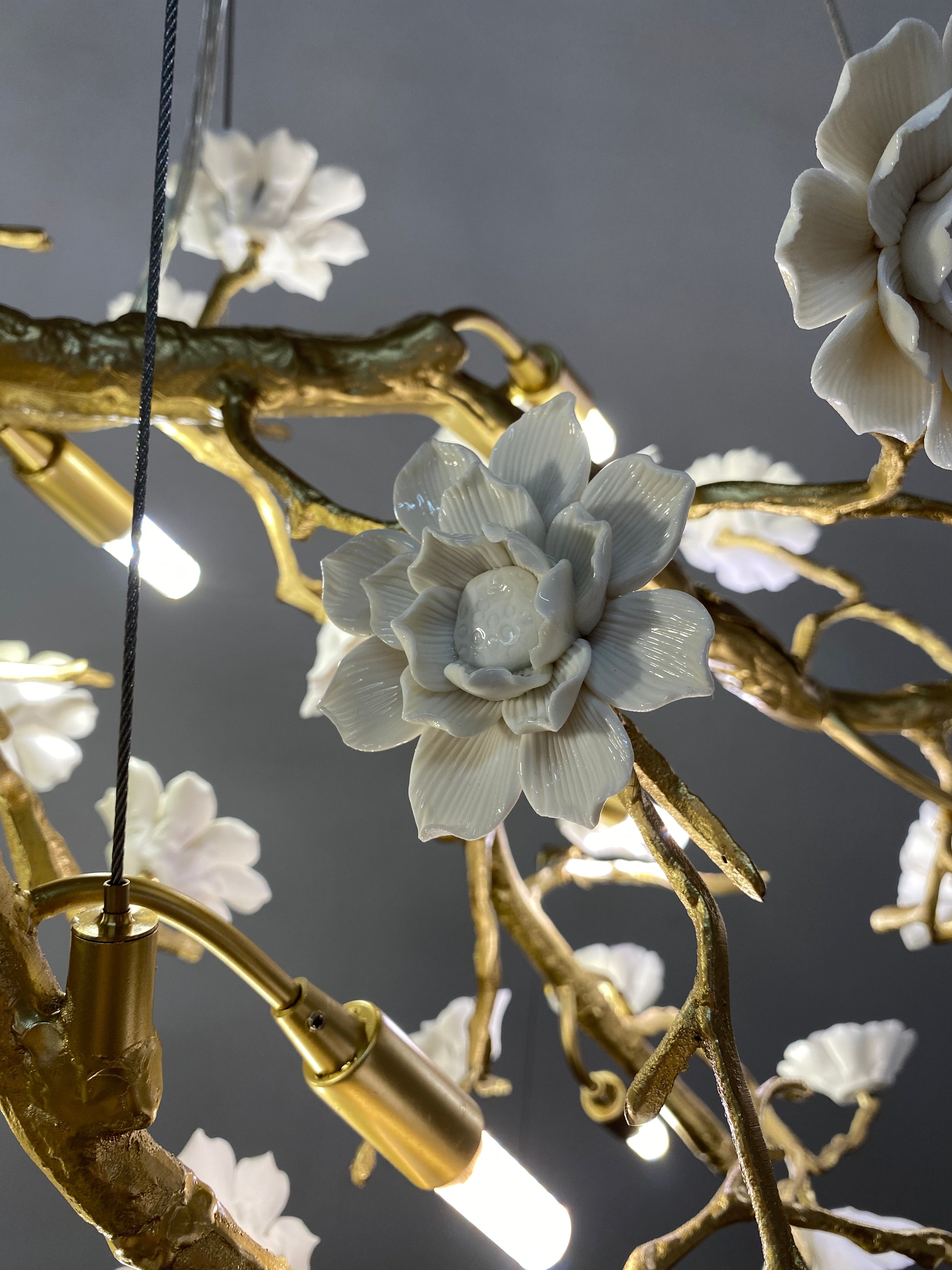 Post-Modern Art Brass and Ceramics Flower Pendant Branch Chandelier for Living/Dining Room