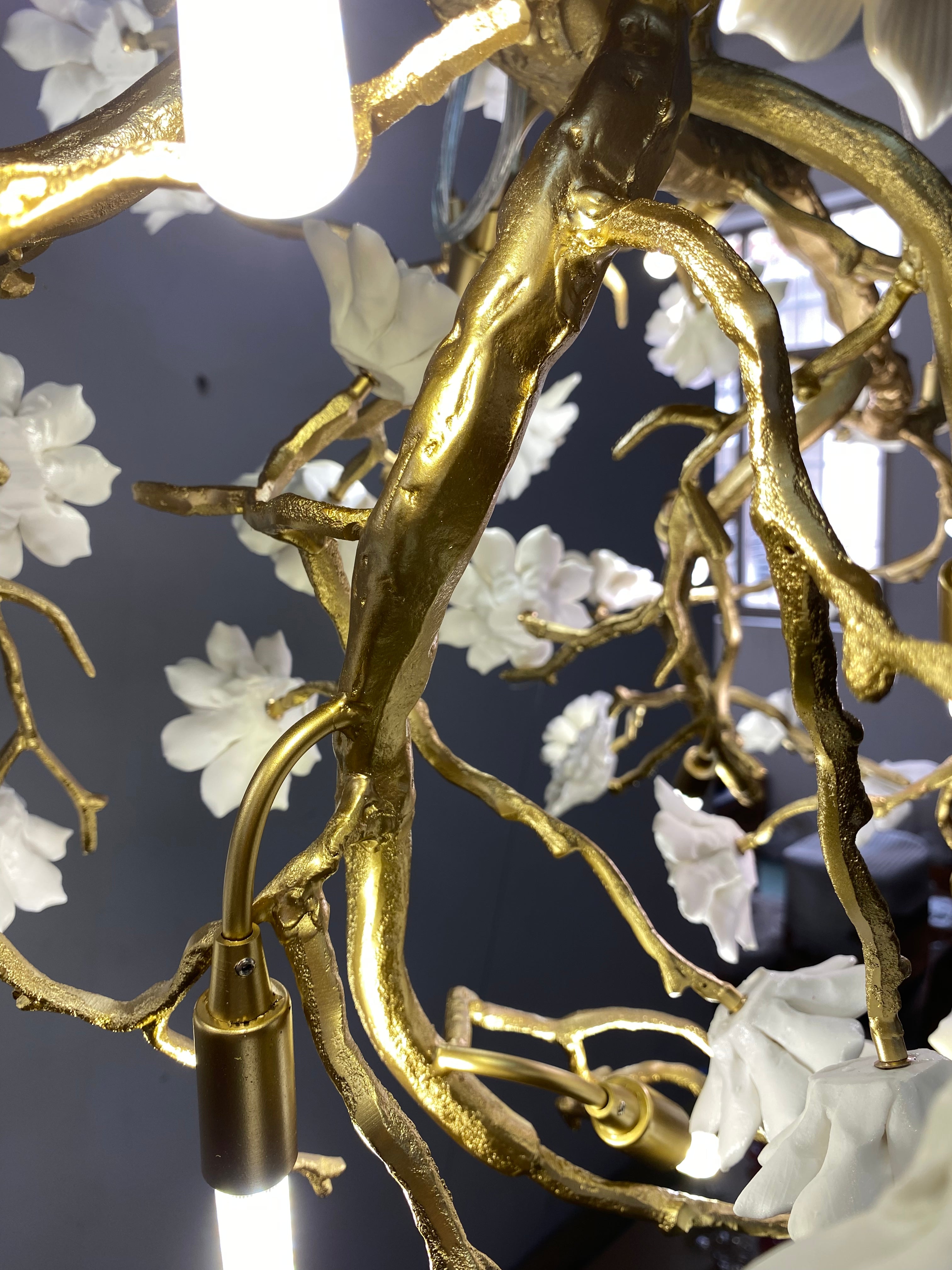 Post-Modern Art Brass and Ceramics Flower Pendant Branch Chandelier for Living/Dining Room