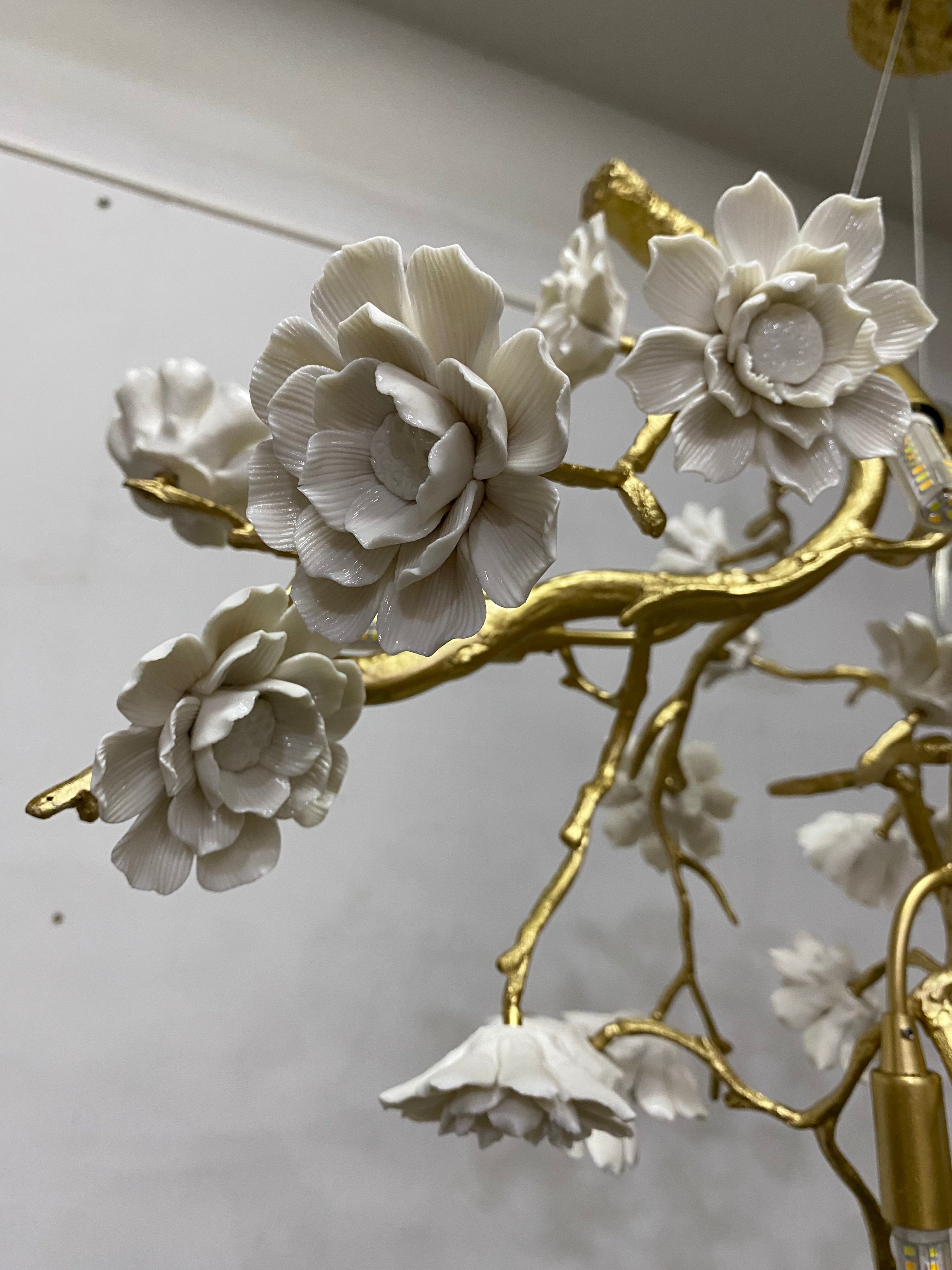 Post-Modern Art Brass and Ceramics Flower Pendant Branch Chandelier for Living/Dining Room