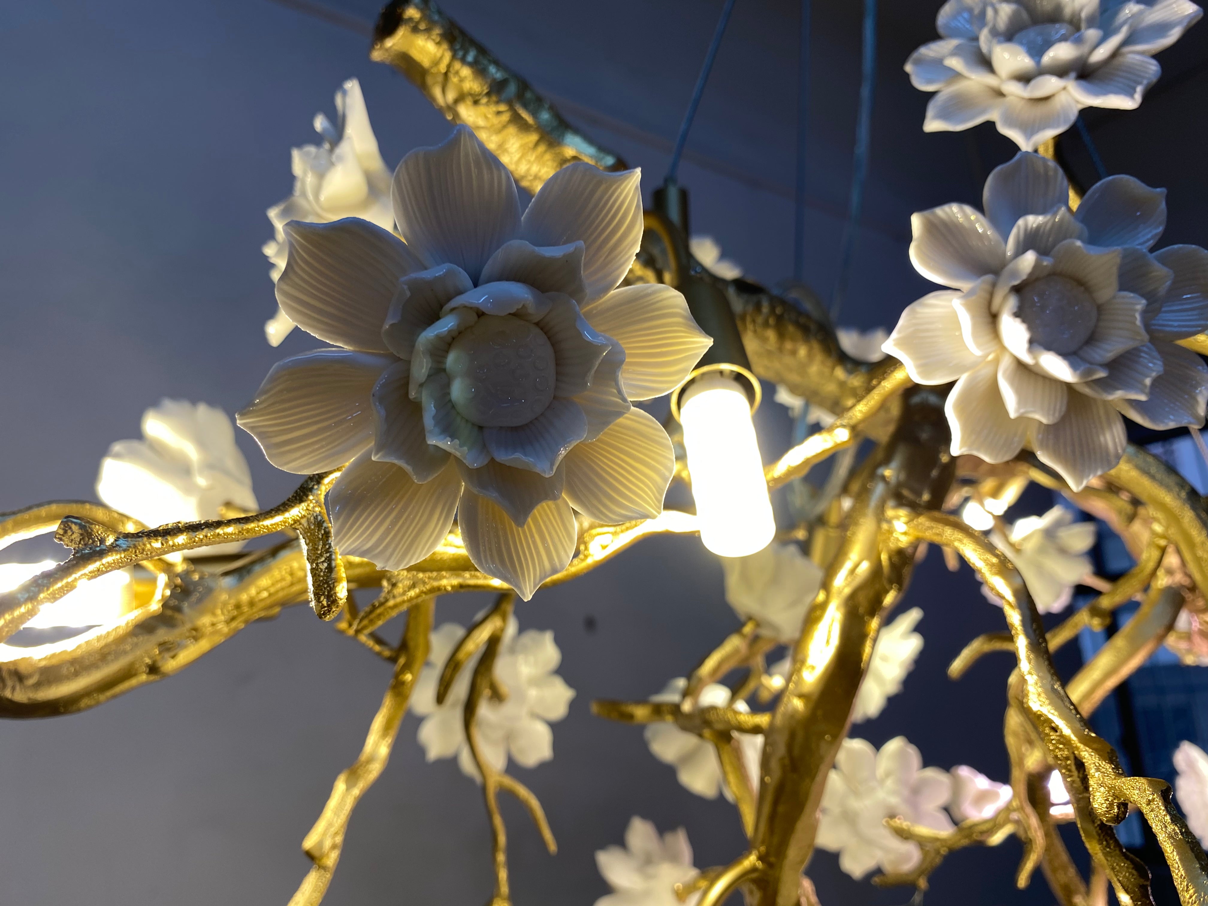 Post-Modern Art Brass and Ceramics Flower Pendant Branch Chandelier for Living/Dining Room