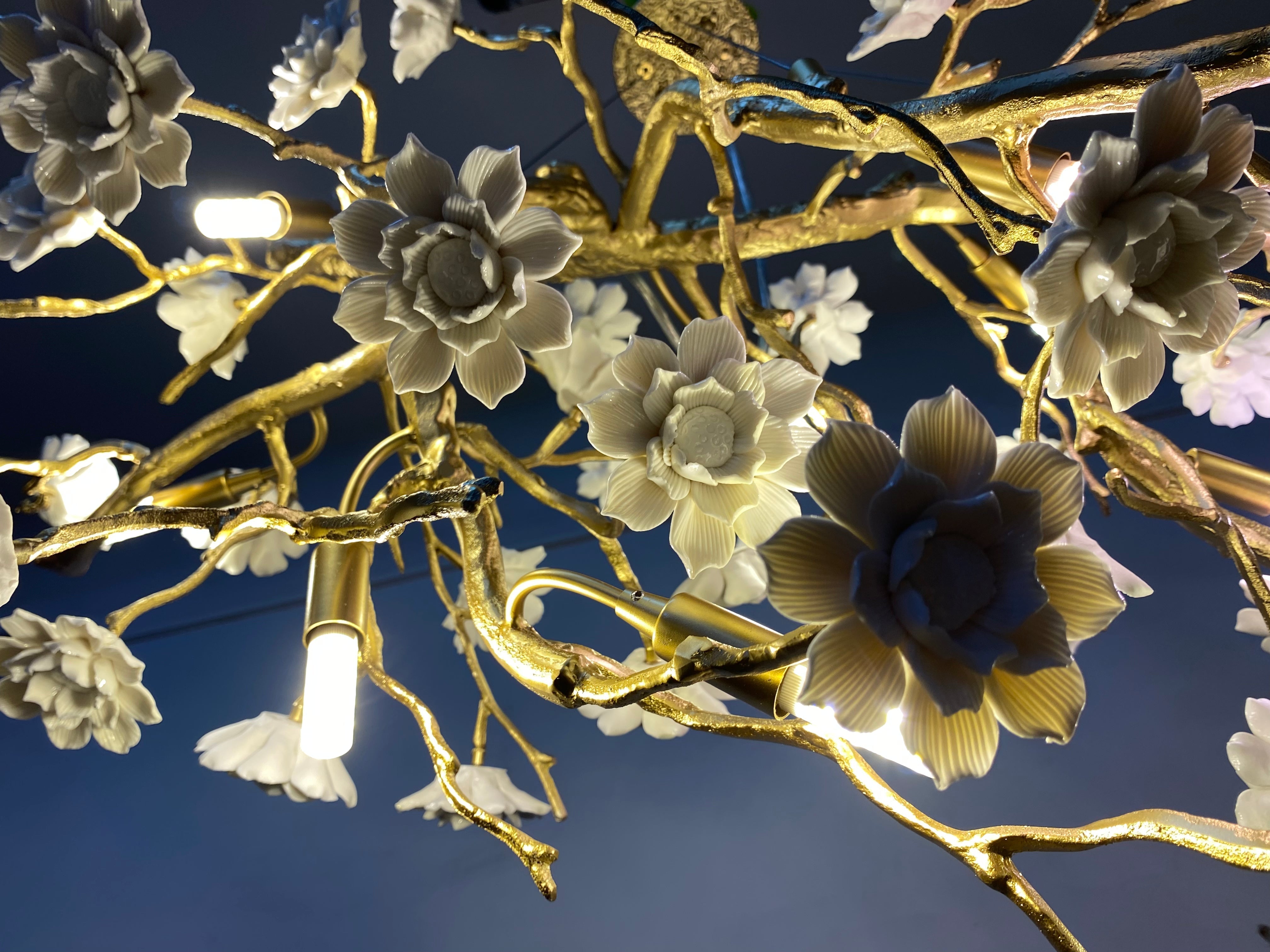 Post-Modern Art Brass and Ceramics Flower Pendant Branch Chandelier for Living/Dining Room