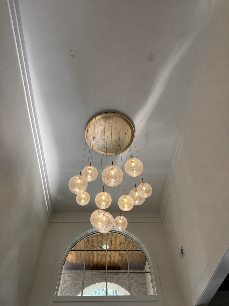 Casen Modern Round Chandelier - Hand-Blown Crackle Glass & Satin Brass LED Pendant Light