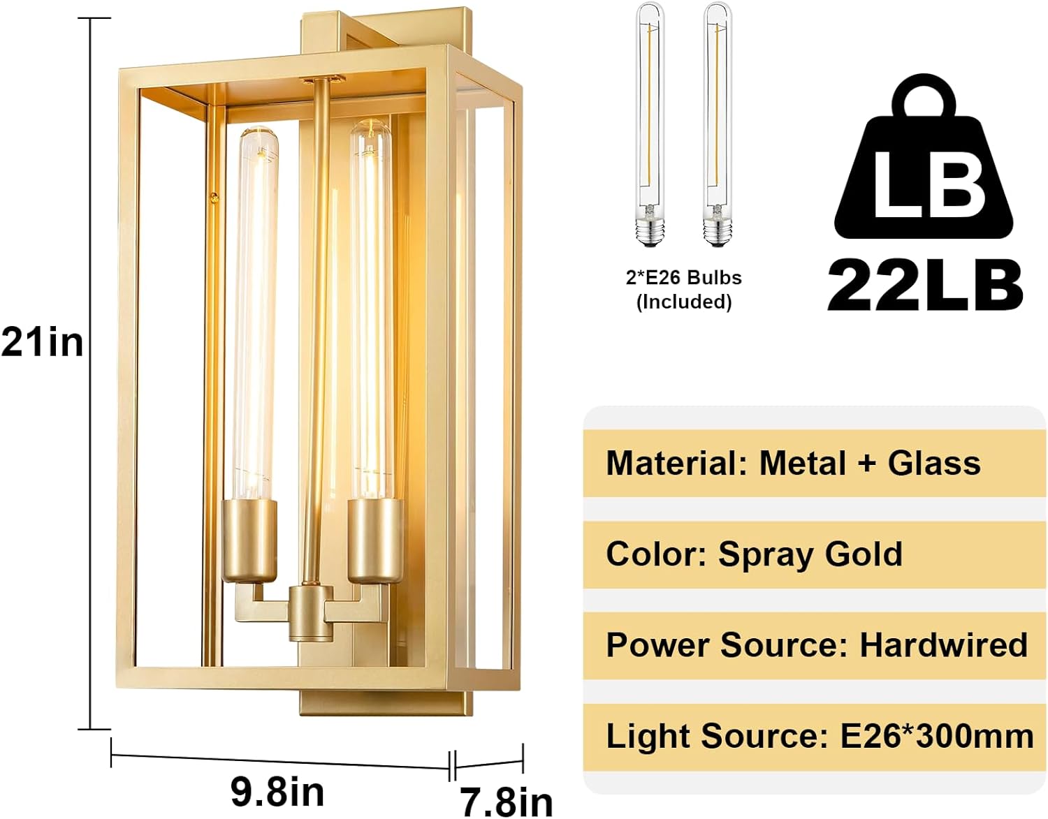 21" Gold Outdoor Wall Sconce with Glass Shade, Waterproof - 21" - Gold - 1packBlushlighting