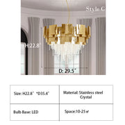 Post-modern Light Luxury Oval/Round Tiered Tassel Crystal Chandelier in Gold Finish for Living/Dining Room,dimension,detail