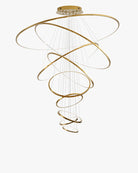 Golden WM2160 entryway chandelier with cascading LED rings, creating a weightless sculptural centerpiece for expansive two-story spaces.