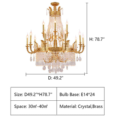 3 layers: D49.2*H78.7" Large Oversized Luxury GBUden Metal Brass  Candle Crystal Tassel Chandelier  For High-ceiling Staircase/Entryway/Hallway/Living/Meeting Room