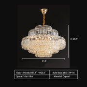 Round 18Heads: D31.5"*H20.5"  crystal, round, tiered, oval, facet, diamond, pendant, chandelier, living room, dining room, bedroom, 