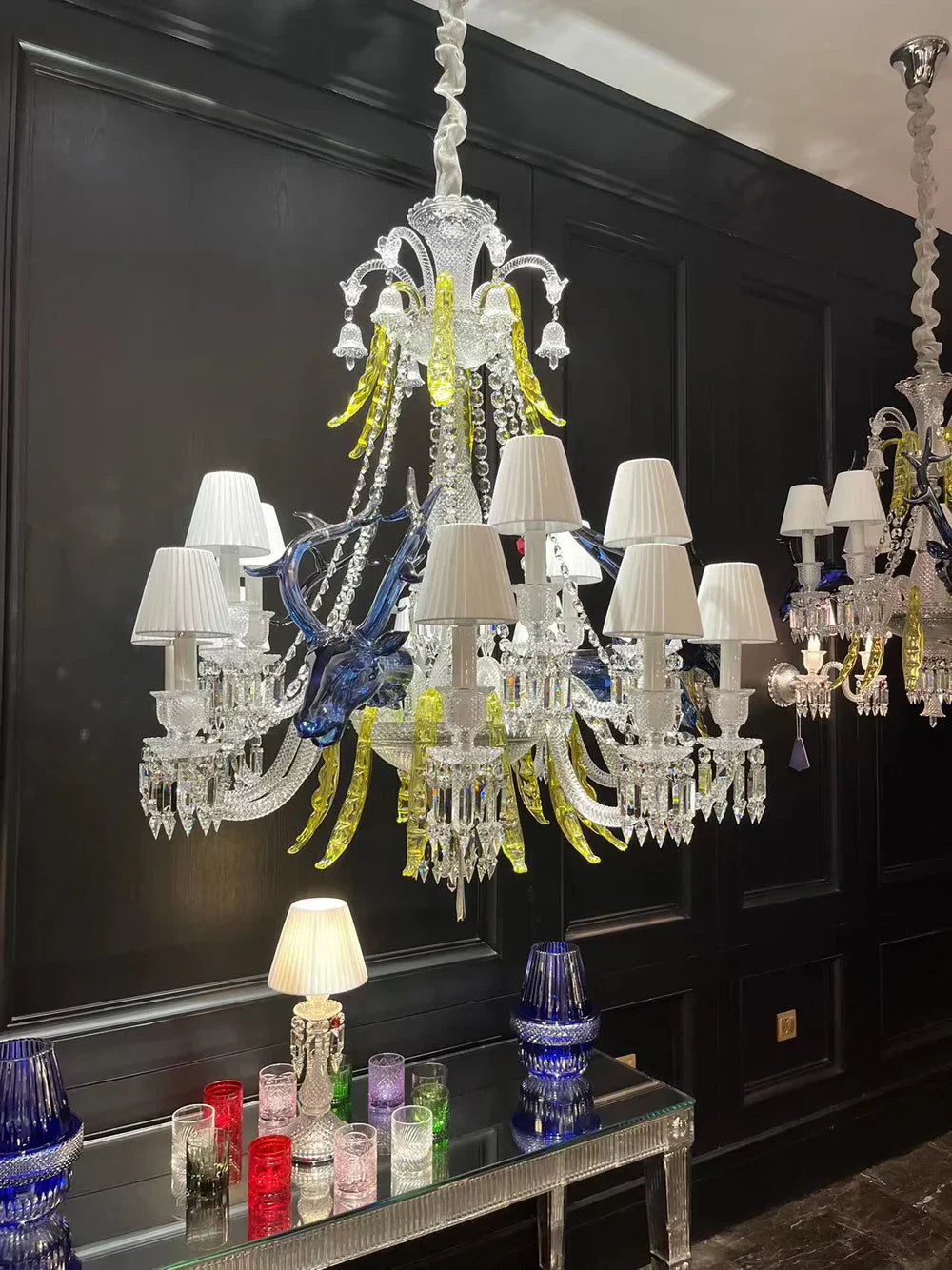 Traditional CBUorful Candle Branch Blue Deer Crystal Chandelier for Living Room/Dining Room